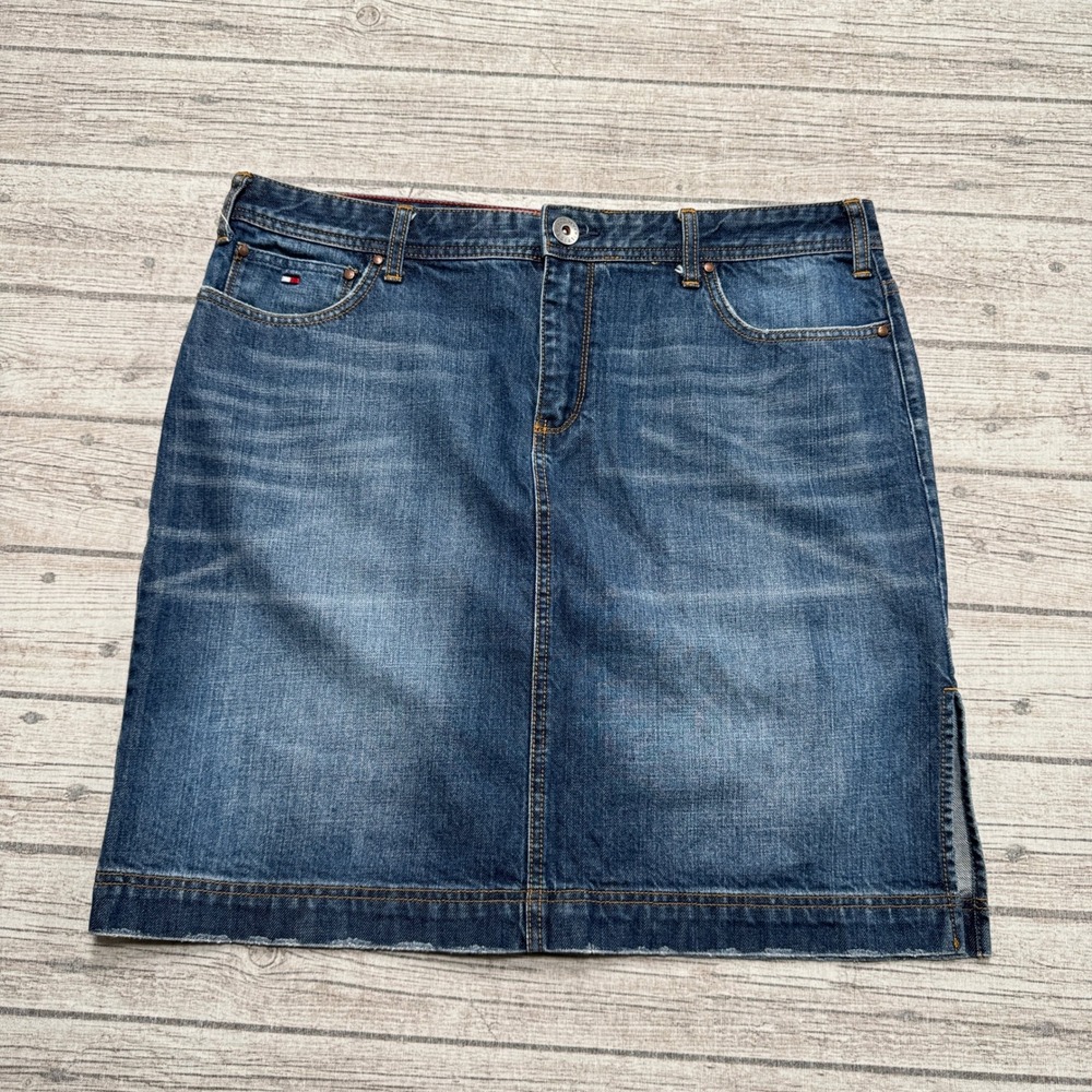 Y2K Tommy Hilfiger Skirt Women's 16 Blue Medium Wash Whiskered Side Slit Summer